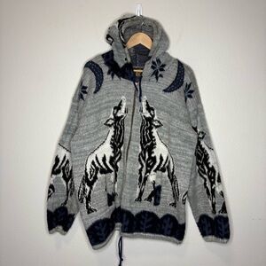 Vintage Andes Howling Wolf Nature AOP Wool Hoodie Men’s Full Zip Size L